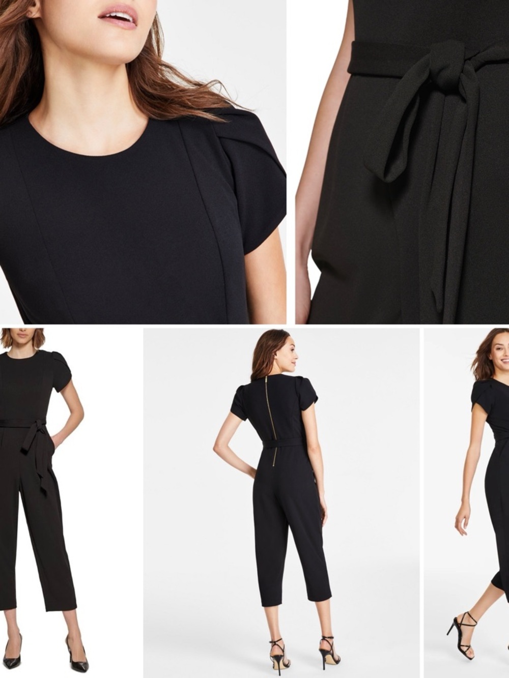 CALVIN KLEIN Jumpsuit Cropped Tulip Sleeve Belted Round Neck Pockets Back Zip - Picture 10 of 14